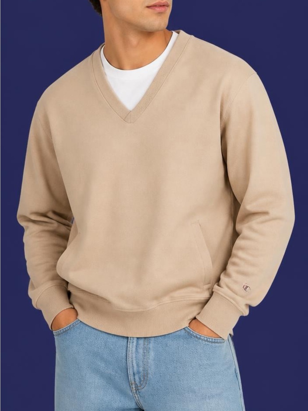 Champion Oversize Beige Sweatshirt Unisex Sz M Cotton Blend Pocket Drop Shoulder